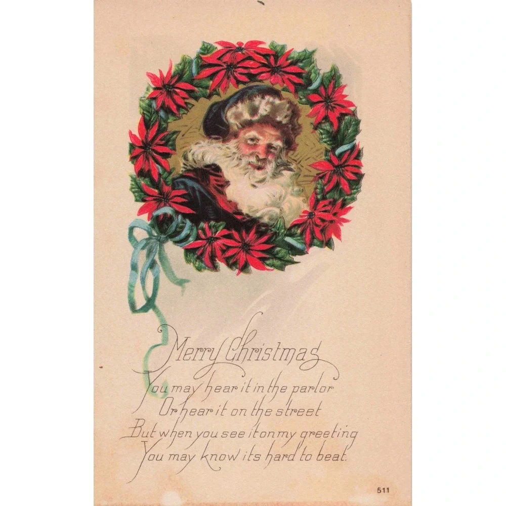 Vintage Merry Christmas Postcard Santa Claus Poinsettia Wreath Poem 511 USA